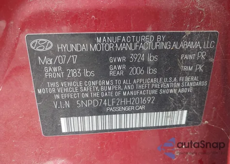 2017 Hyundai Elantra Se from USA, damaged, VIN 5NPD74LF2HH201692